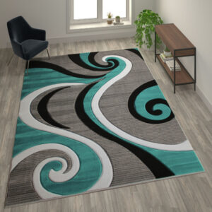 Area Rug with white, teal, grey and black swirls.